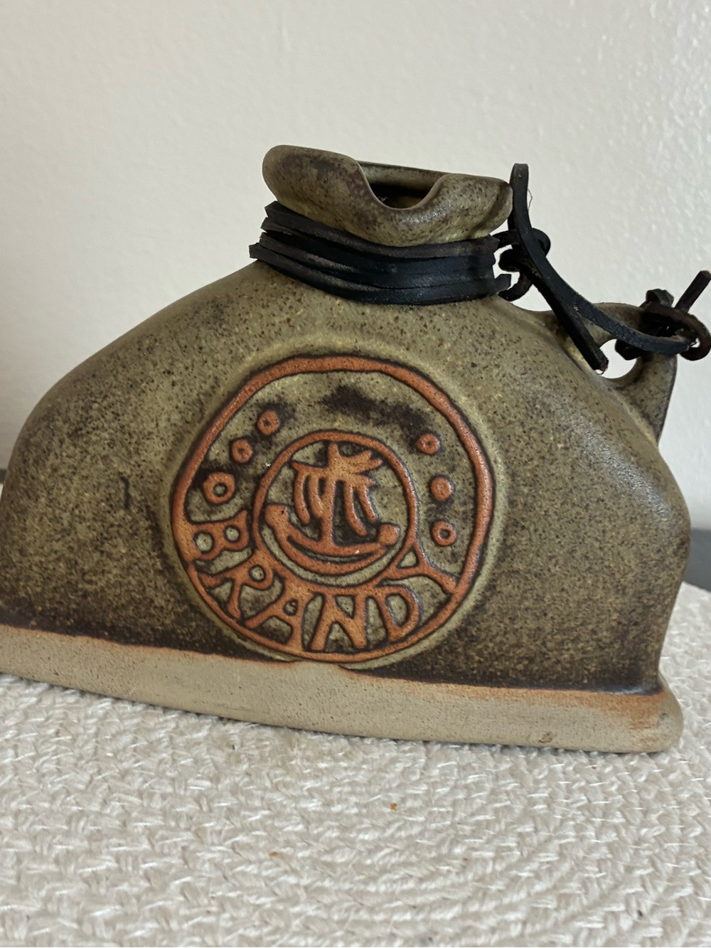 Ceramic Decorative Bottle/Flask w/ Leather Strap, Medallion Design Brown/Tan